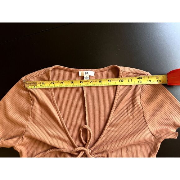 BP Tie Front Lettuce Edge Mini Dress, Tan Color Women Size M, Rib Knit Dress - Picture 7 of 13